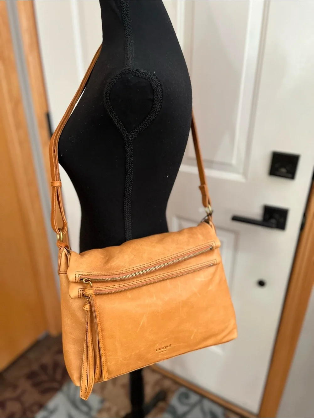 New Margot Mickey Hobo double zip crossbody shoulder leather purse bag cognac